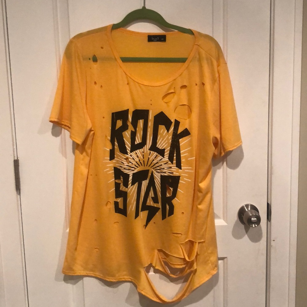 yellow torn rockstar shirt